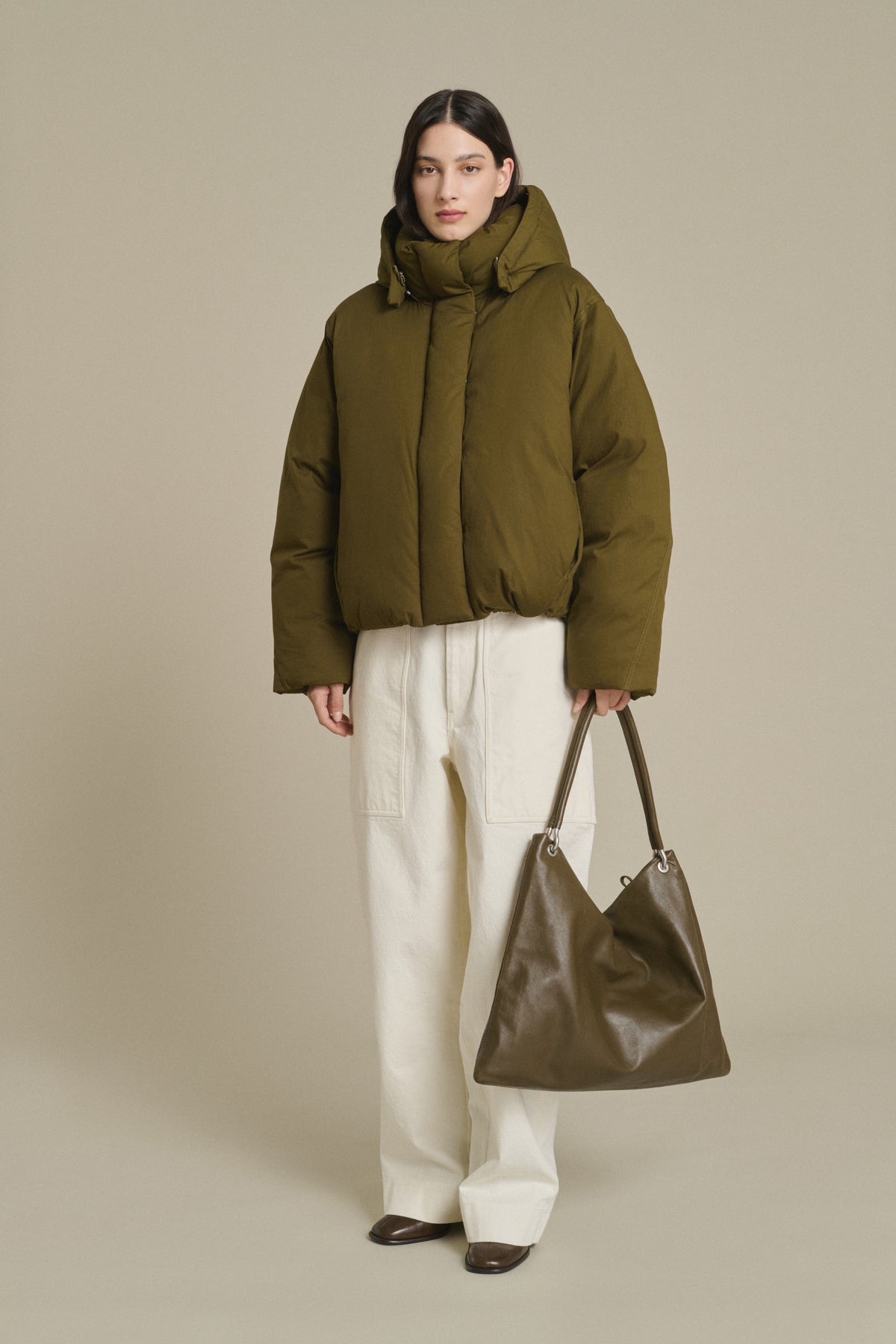 Gia Tote Bag - Khaki Smooth Leather with Eyelets Women - Soeur